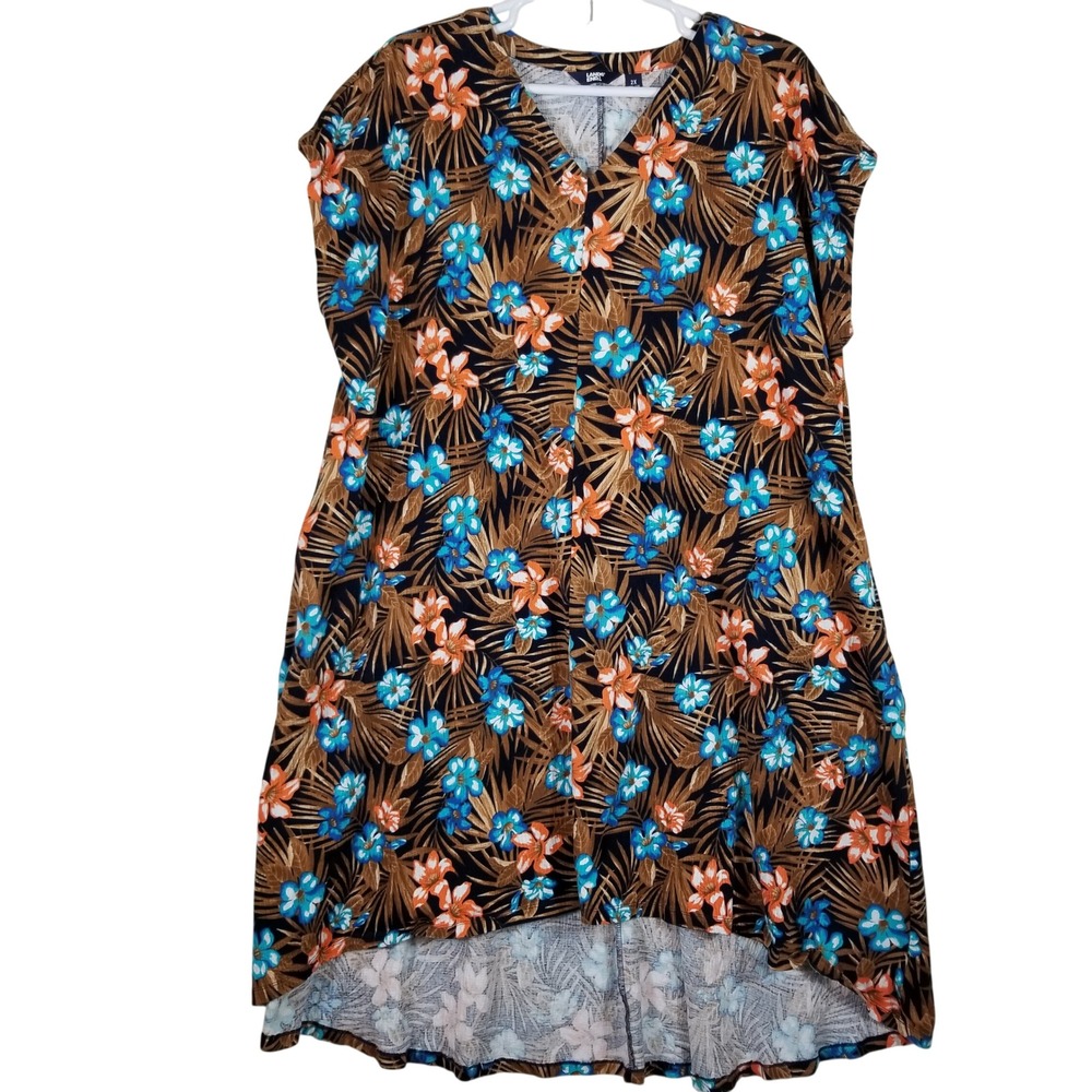 Lands End Womens 2X 20W-22W Tropical Floral High Low V-Neck Jersey‎ Dress Brown